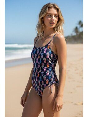 J.Crew Navy Pineapple Print One-Piece Swimsuit With Adjustable Side Ties & Scoop